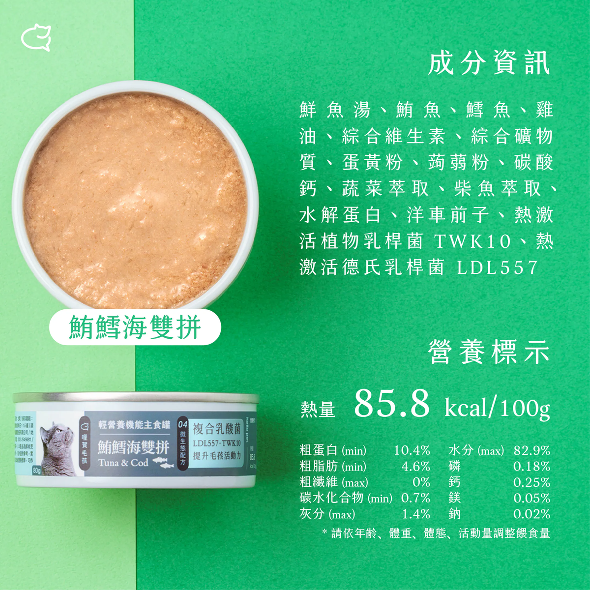 Hellopet - 哩賀毛孩 [輕營養機能 貓咪 主食罐] 鮪鱈海雙拼 (80g) (90403748)